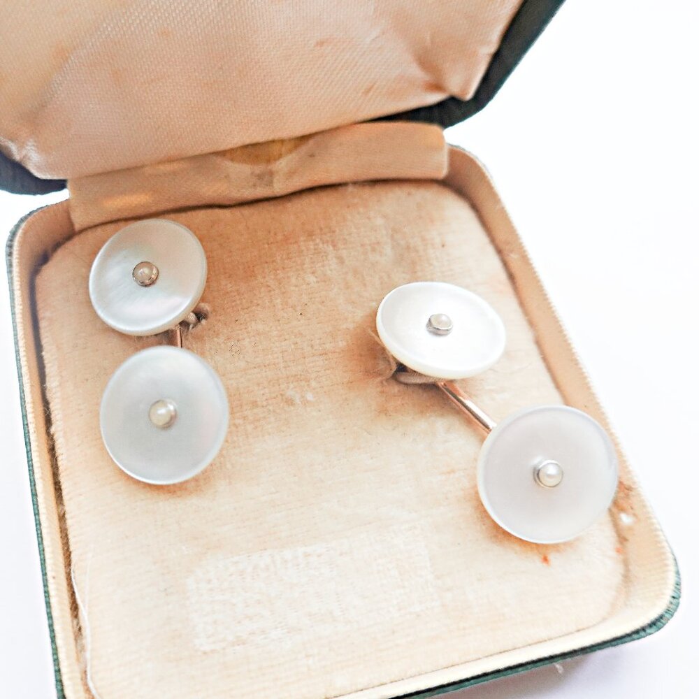 Vintage 14k Solid Gold Mother Of Pearl Cufflinks